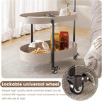 Oval End Table with Storage Shelves, 2-Tier PU Leather Tray Side Table with Wheels, Modern Sofa Table & Nightstand for Bedroom, Living Room, Compact Rolling Tray Table with Lockable Casters