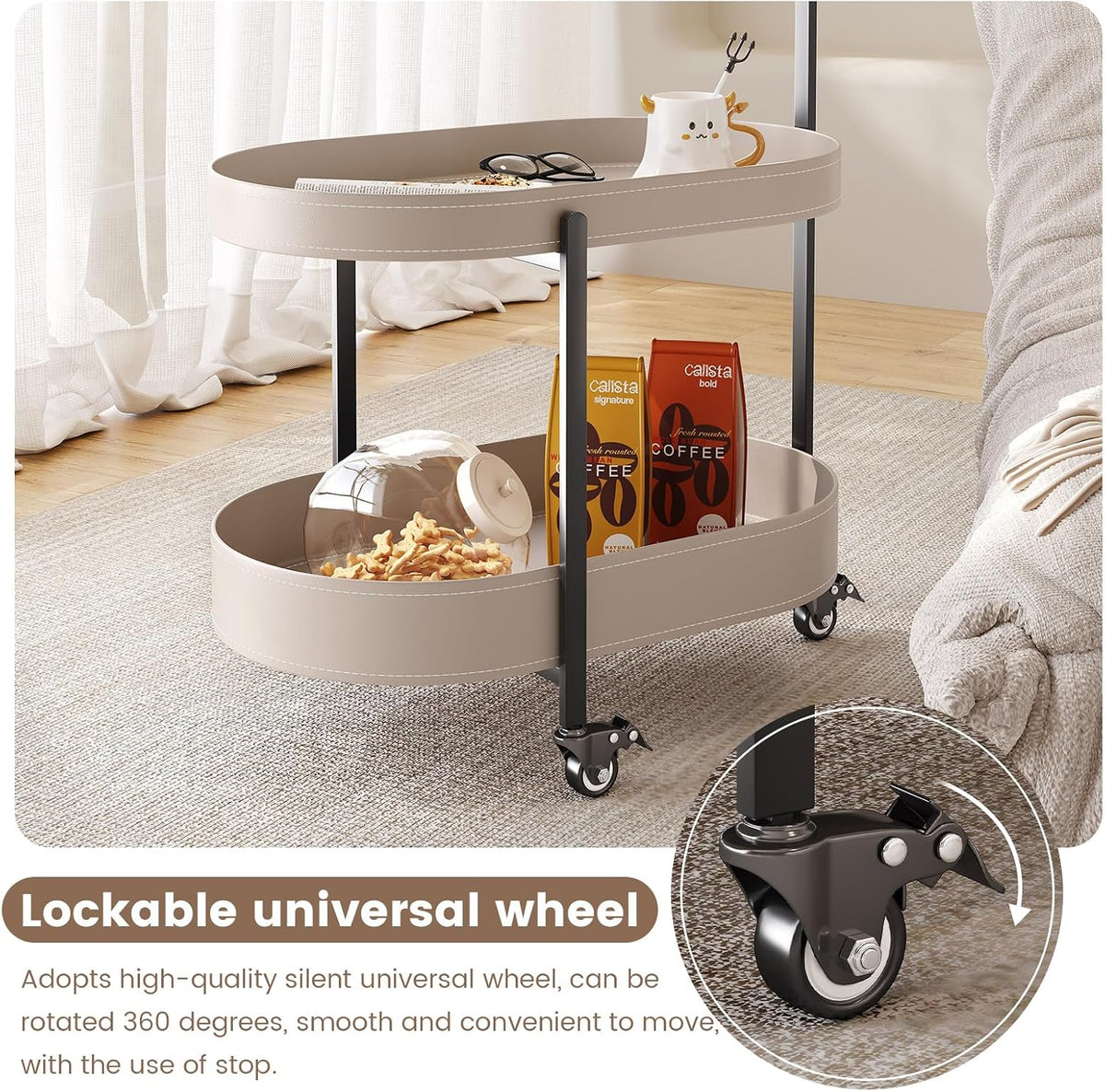 Oval End Table with Storage Shelves, 2-Tier PU Leather Tray Side Table with Wheels, Modern Sofa Table & Nightstand for Bedroom, Living Room, Compact Rolling Tray Table with Lockable Casters