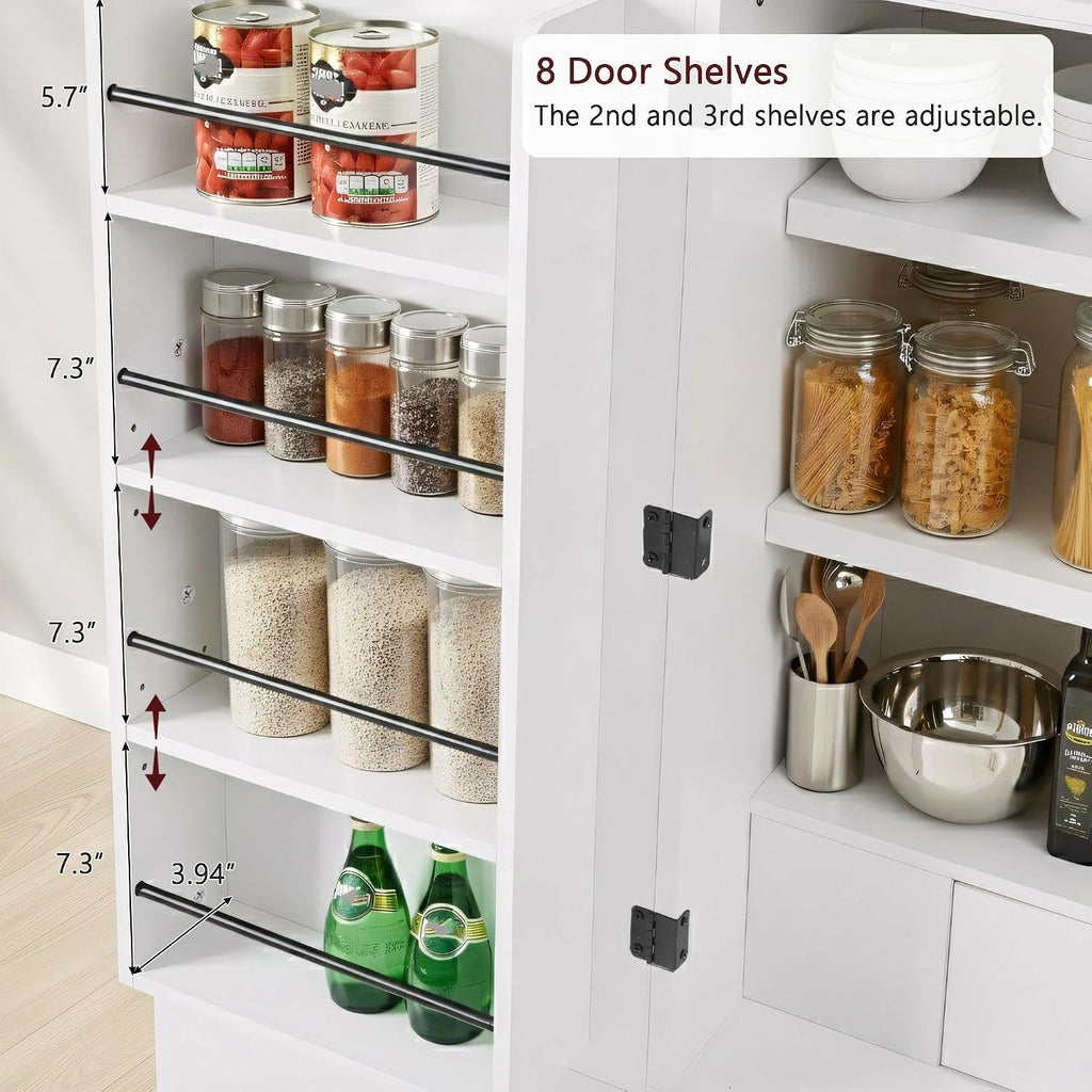 72" Tall Arched Kitchen Pantry Cabinet, Fluted Freestanding Storage Cupboard with 8 Door Shelves, 3 Adjustable Shelves and Hidden Drawer,Cabinet for Kitchen, Dining & Bathroom,White