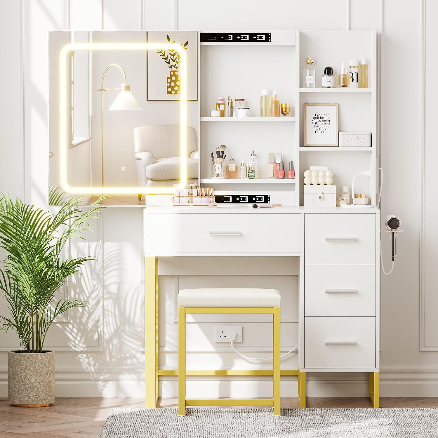 GAOMON 57'' Large Vanity Desk with Mirror & Lights, Makeup Vanity Table with Charging Station,