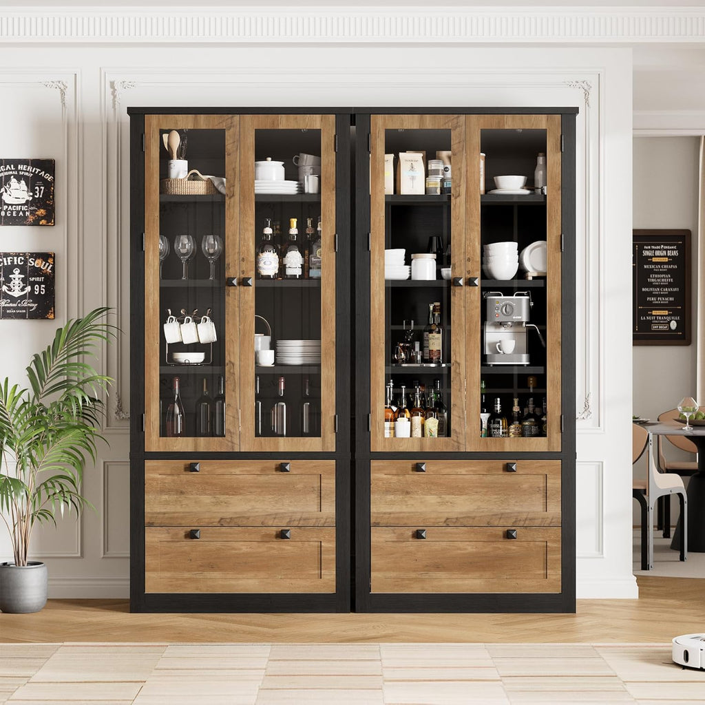 71" Tall Kitchen Pantry Cabinet - Modern Display Storage Cabinet with 2 Large Drawers, Glass Doors, and Adjustable Shelves, Kitchen Cupboard for Dining Room, Bathroom, Living Room, Black + Brown