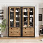 71" Tall Kitchen Pantry Cabinet - Modern Display Storage Cabinet with 2 Large Drawers, Glass Doors, and Adjustable Shelves, Kitchen Cupboard for Dining Room, Bathroom, Living Room, Black + Brown