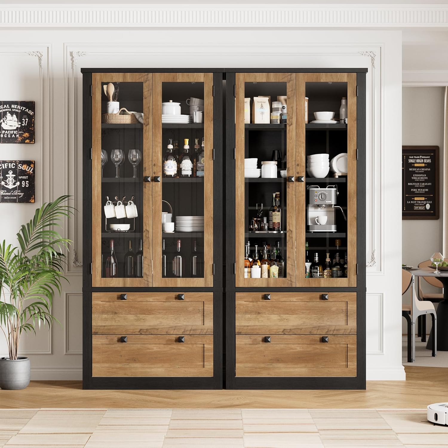 71" Tall Kitchen Pantry Cabinet - Modern Display Storage Cabinet with 2 Large Drawers, Glass Doors, and Adjustable Shelves, Kitchen Cupboard for Dining Room, Bathroom, Living Room, Black + Brown