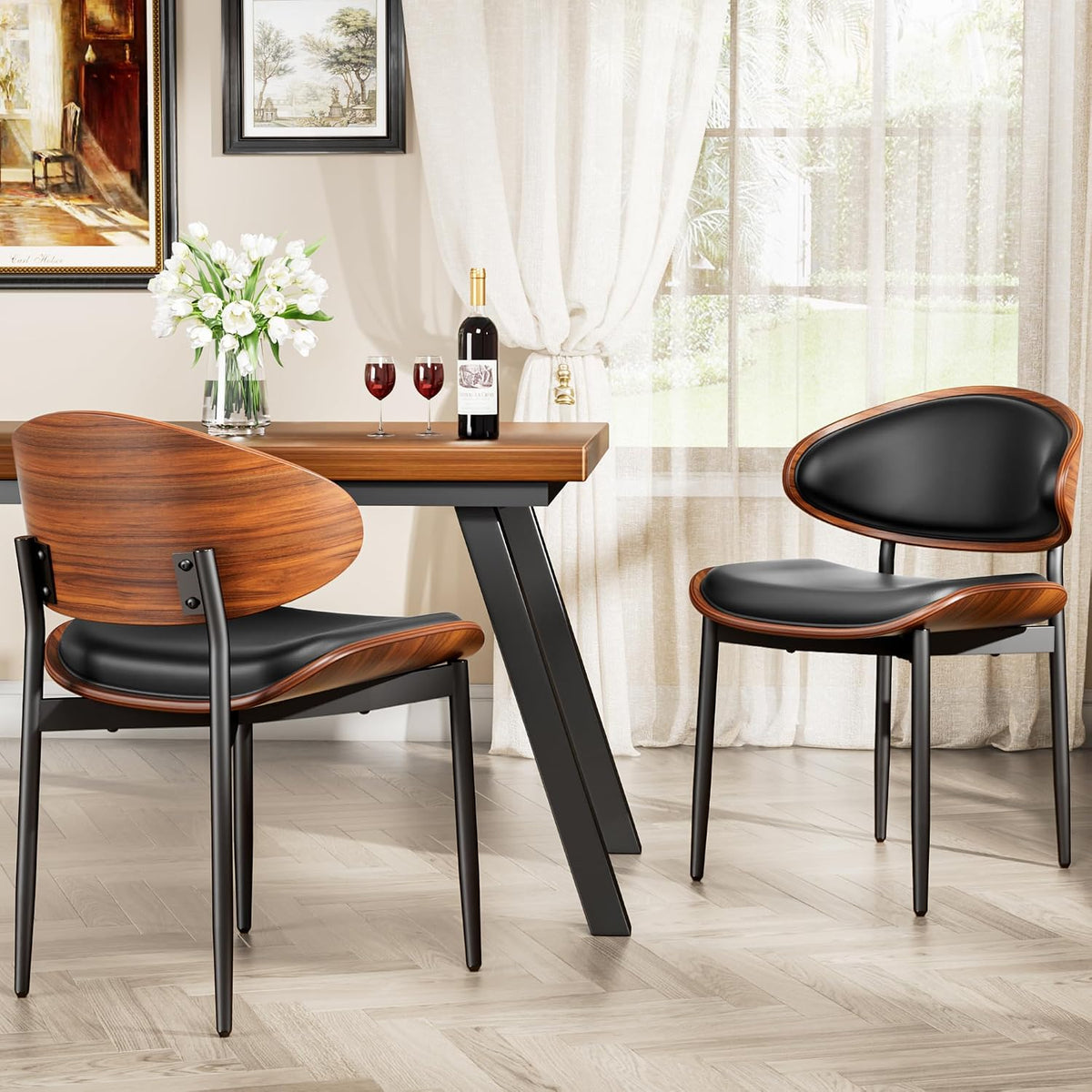 YaFiti Dining Chairs Set of 2, Mid Century Modern PU Leather Kitchen Chairs | Ergonomic Walnut Backrest & Metal Legs, Upholstered Waterproof Faux Leather Seat, Adjustable Footpads for Dining Room, Black