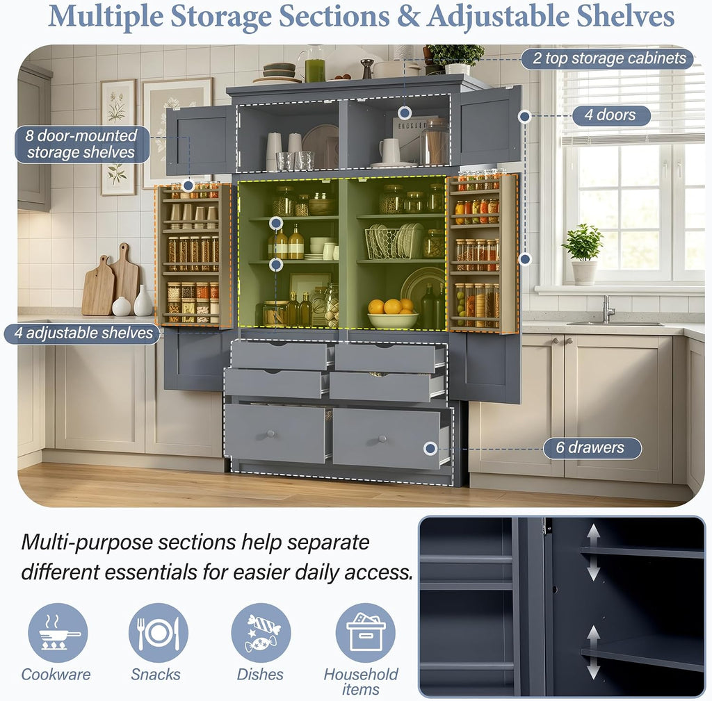 Freestanding Kitchen Pantry with Drawers, Shelves & Pull-out Trays,Gray | Freestanding tall unit with 8 door shelves, 4 pull-out trays, 6 drawers, gray finish, for dining room use