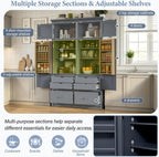Freestanding Kitchen Pantry with Drawers, Shelves & Pull-out Trays,Gray | Freestanding tall unit with 8 door shelves, 4 pull-out trays, 6 drawers, gray finish, for dining room use