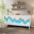 Anbuy Modern 4 Door Sideboard Buffet Cabinet with Storage Blue Water Stream Design - Versatile Storage Solution for Kitchen, Living Room, Bedroom, Coffee Bar (White and Blue)
