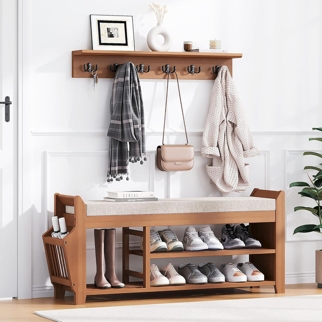 PETKABOO 39.4" Shoe Bench with Coat Rack Hidden Drawer and Side Holder, 2 Tier Entryway Bench with Storage, Bamboo Shoe Rack with Cushion for Entryway Hallway Living Room Bedroom