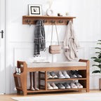 PETKABOO 39.4" Shoe Bench with Coat Rack Hidden Drawer and Side Holder, 2 Tier Entryway Bench with Storage, Bamboo Shoe Rack with Cushion for Entryway Hallway Living Room Bedroom
