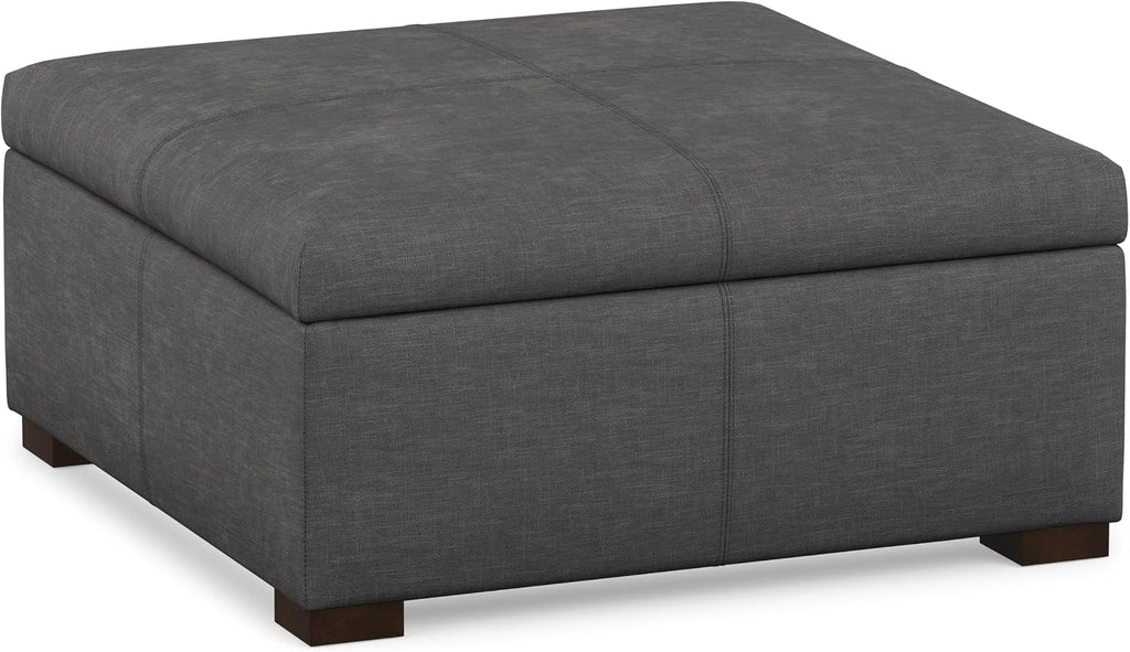 SIMPLIHOME Gabbie 36" Wide Linen Look Fabric Storage Ottoman in Slate Grey | Contemporary ottoman with lift-top storage; rectangle storage bench for living room, bedroom, and entryway.