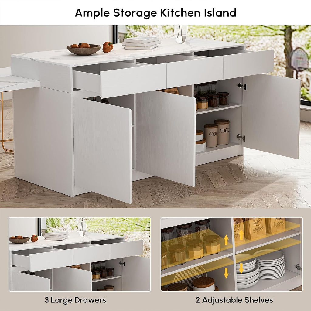 homary Extendable Kitchen Island with Storage 81"-106", White, Wood Top, Stationary Large Kitchen Cabinet with 3 Drawers, Adjustable Shelves & Pull-Out Kitchen Tables for Dining Room