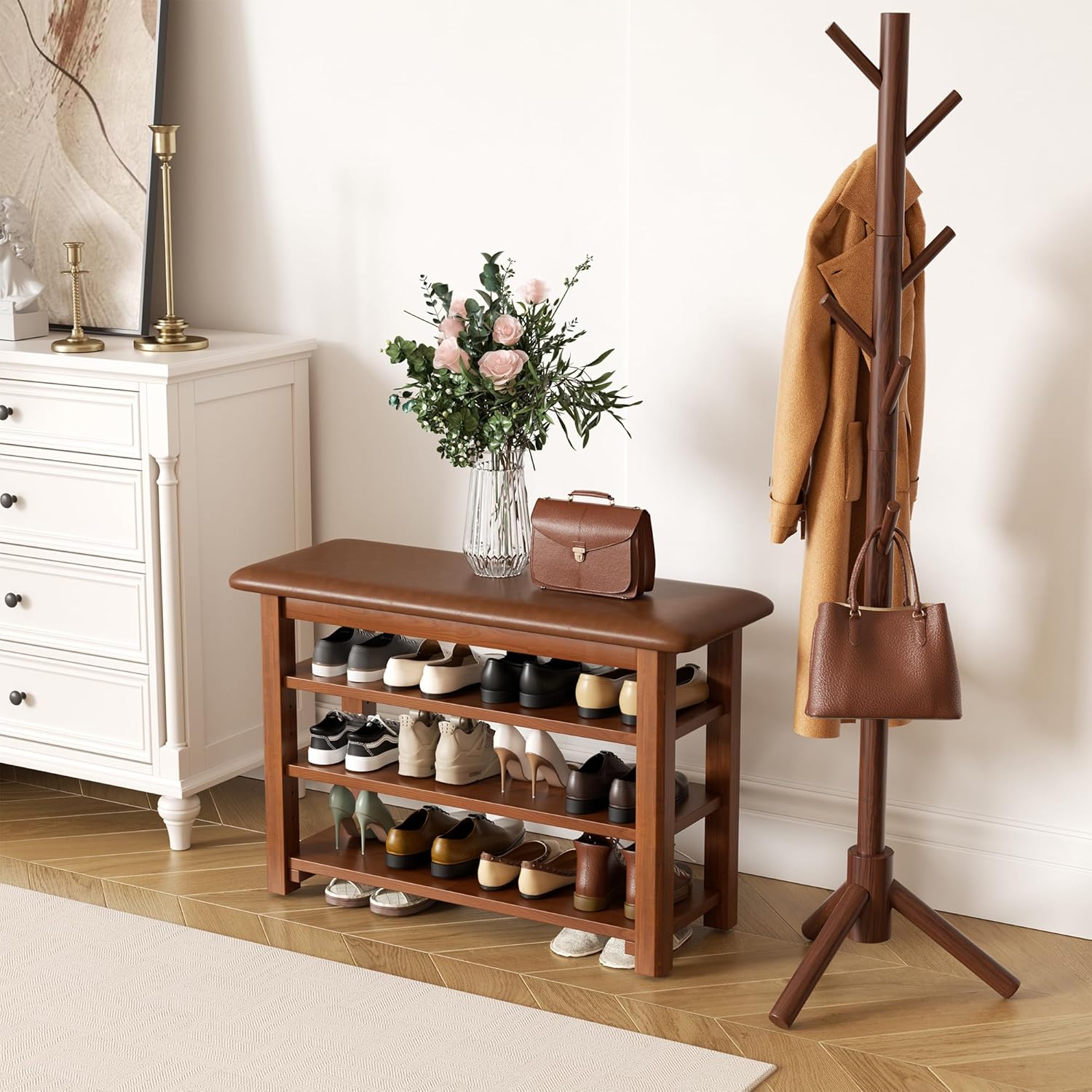 Shoe Rack Bench with Leather Cushion 3-Tier Shoe Rack Organizer for Entryway Hallway or Living Room Farmhouse Rustic Wooden Seat Bench Walnut 11.8" Dx31.5 Wx20.4 H
