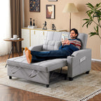 VINGLI Light Grey Futon Sofa Bed Convertible Loveseat Sleeper Couch, Faux Leather Pullout Sofa Fold Out Couch Bed with USB Ports, Cup Holders, Armrest for Living Room, Bedroom Apartment Room