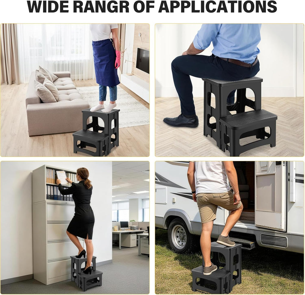 Folding 2-Step Stool for Adults, Non-Slip Collapsible Footstool for Office | Portable Bedside Step Stool, Hold up to 300 lbs, Lightweight & Foldable Step Ladder for Pool Office Home RV