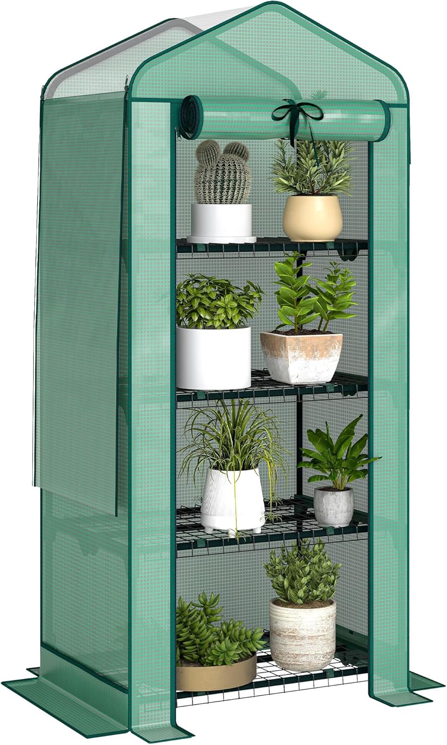 Outsunny 4 Tier Mini Greenhouse with Screen Roof, 27.6" x 19.7" x 62.2", Portable Small Greenhouse with High Strength PE Cover, Roll-Up Zipper Door for Garden Yard Backyard, Green