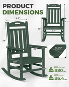 Oversized Outdoor Rocking Chair, High Back Porch Rocker Chair, HDPE All Weather Resistant Rocking Chairs for Patio, 380lbs Weight Capacity, Green