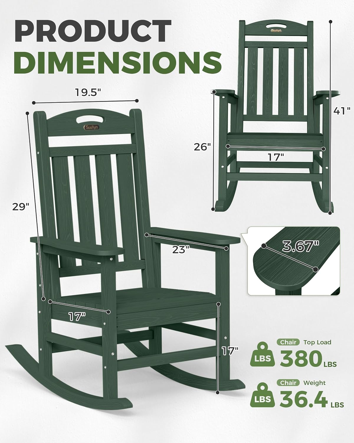 Oversized Outdoor Rocking Chair, High Back Porch Rocker Chair, HDPE All Weather Resistant Rocking Chairs for Patio, 380lbs Weight Capacity, Green