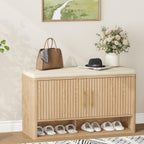 Fluted Shoe Storage Bench, Entryway Bench with Adjustable Shelves | Hidden Shoe Cabinet Storage with Cushion and Open Bottom Shelf, for Entryway, Hallway, Living Room, Bedroom, Natural Oak