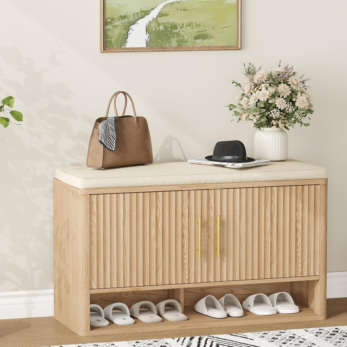 Fluted Shoe Storage Bench, Entryway Bench with Adjustable Shelves | Hidden Shoe Cabinet Storage with Cushion and Open Bottom Shelf, for Entryway, Hallway, Living Room, Bedroom, Natural Oak
