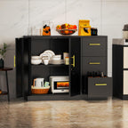 pozdeg Buffet Sideboard Cabinet with Storage, 36.61" H Kitchen Storage Pantry Cabinet with 3 Drawers, Metal Cupboard Coffee Bar Station Table for Kitchen, Living Room, Dining Room (Black)