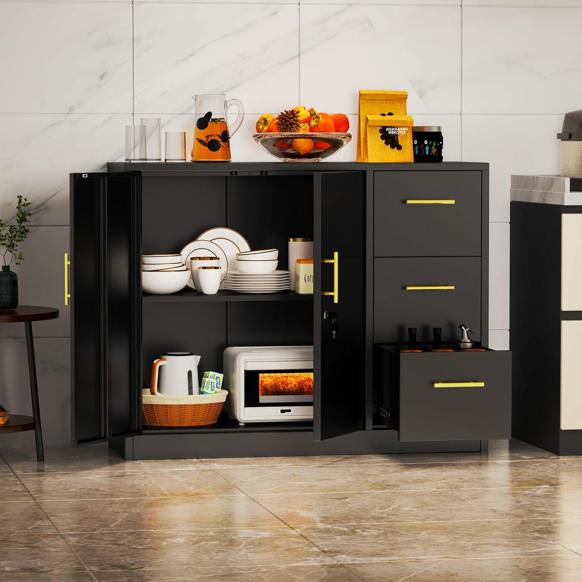 pozdeg Buffet Sideboard Cabinet with Storage, 36.61" H Kitchen Storage Pantry Cabinet with 3 Drawers, Metal Cupboard Coffee Bar Station Table for Kitchen, Living Room, Dining Room (Black)