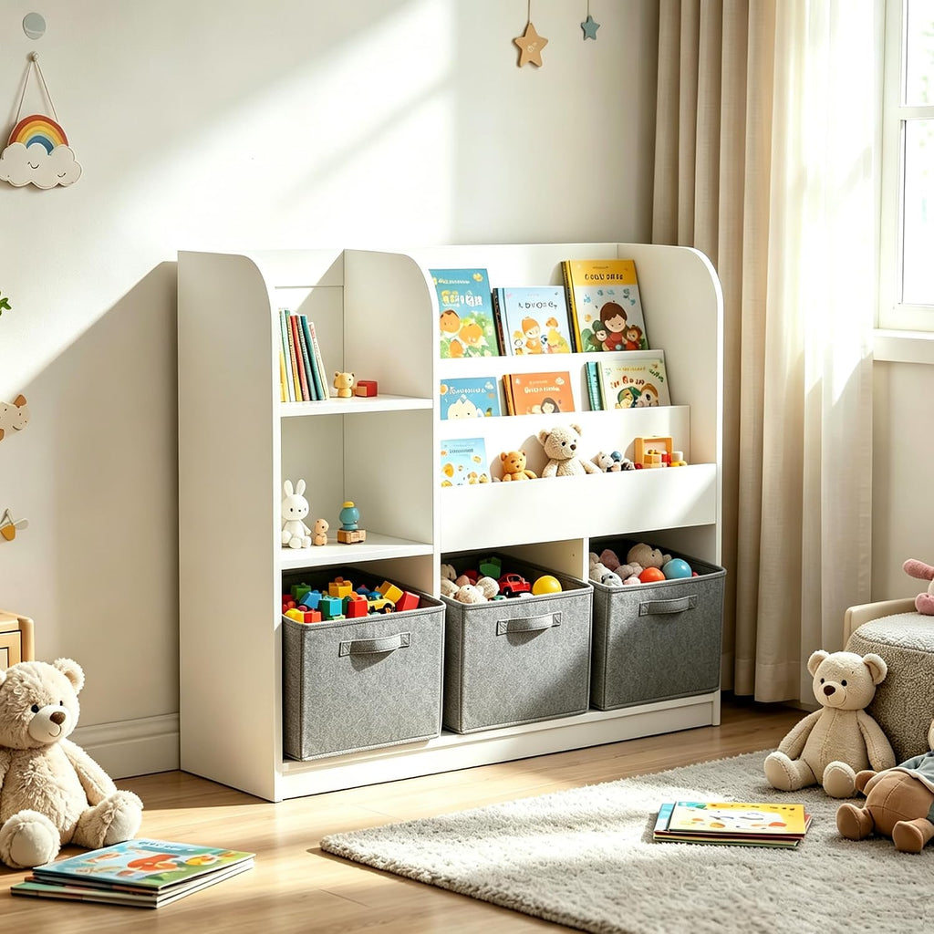 Kids Bookcase with 3 Collapsible Fabric Drawers, Multifunctional Toy | Sturdy MDF construction holds heavy books; anti-tip device for safety; 3 collapsible fabric drawers for toy storage; per