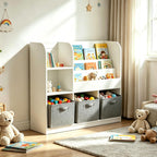 Kids Bookcase with 3 Collapsible Fabric Drawers, Multifunctional Toy | Sturdy MDF construction holds heavy books; anti-tip device for safety; 3 collapsible fabric drawers for toy storage; per