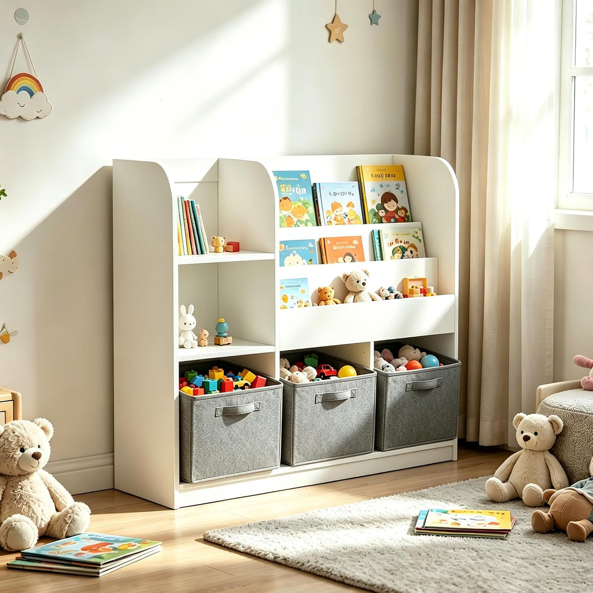 Kids Bookcase with 3 Collapsible Fabric Drawers, Multifunctional Toy | Sturdy MDF construction holds heavy books; anti-tip device for safety; 3 collapsible fabric drawers for toy storage; per