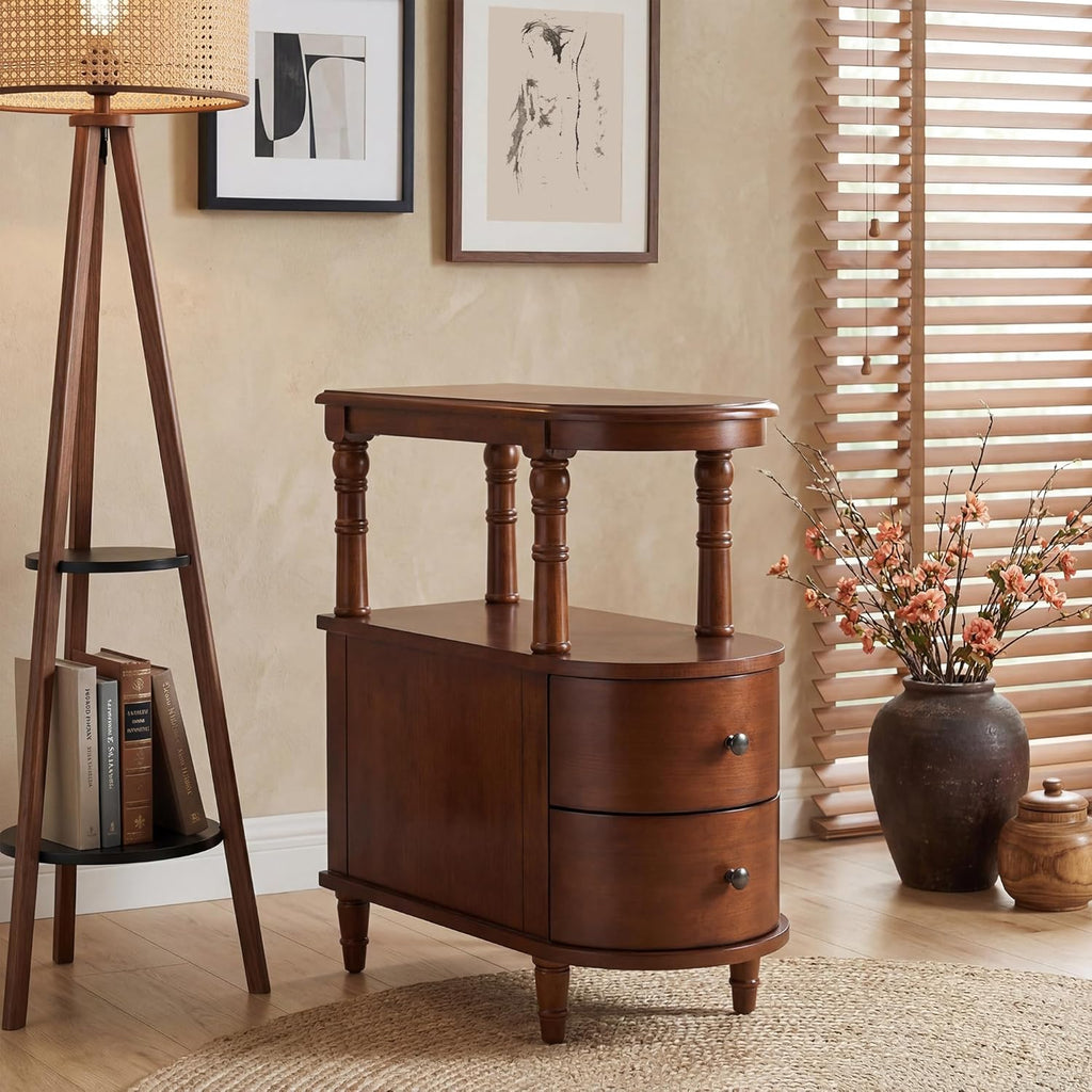 Narrow End Side Table With 2 Drawers and Storage Shelf, Slim Side Tables, Farmhouse Sofa Beside Table- for Small Spaces, Living Room Telephone Tables, Tools-free Assembly, Caramel Brown BG-A508-MG