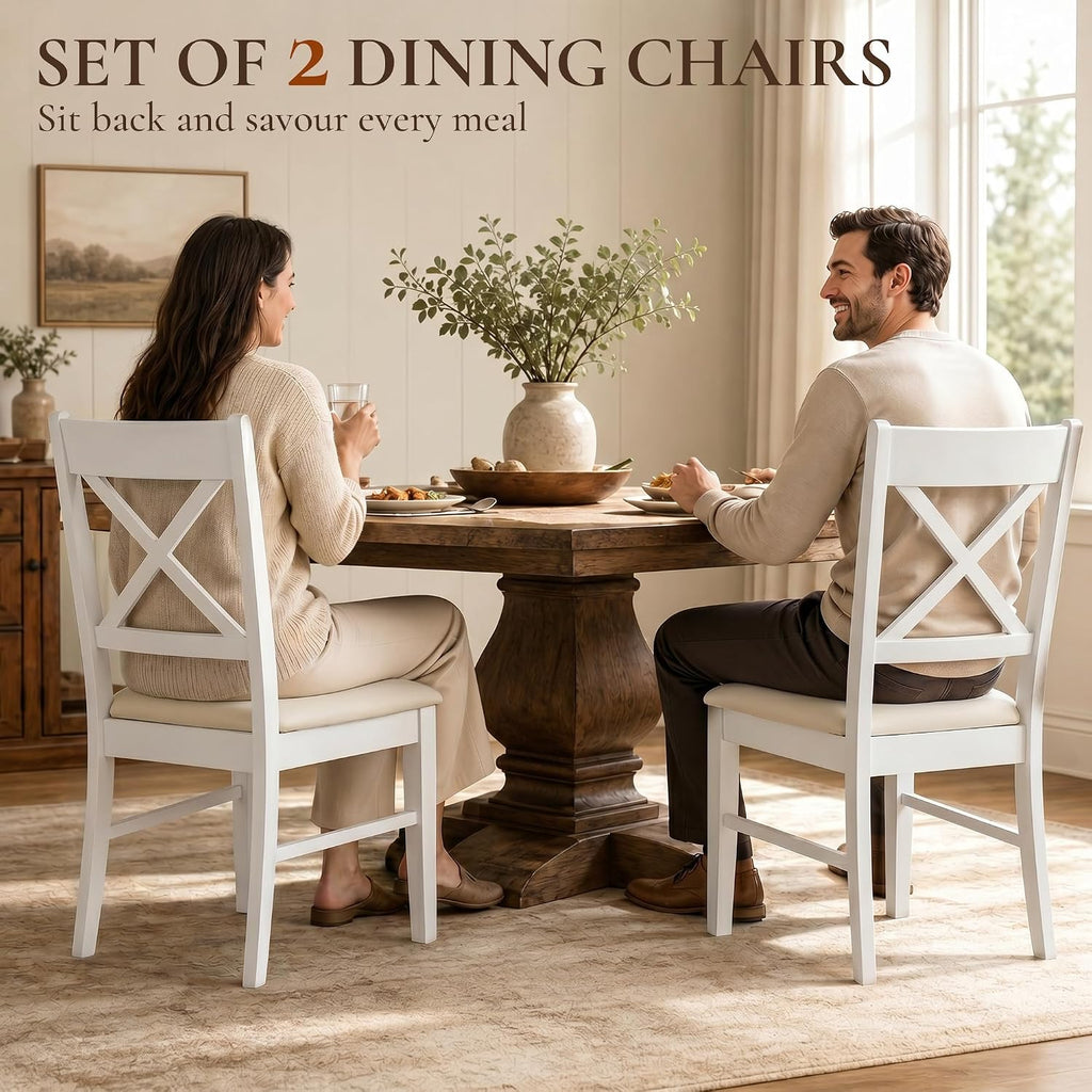 HOMCOM Dining Chairs Set of 2, Upholstered Kitchen Chairs with Rubberwood Frame, Padded Seat and Cross Back for Living Room, Dining Room, Kitchen, White