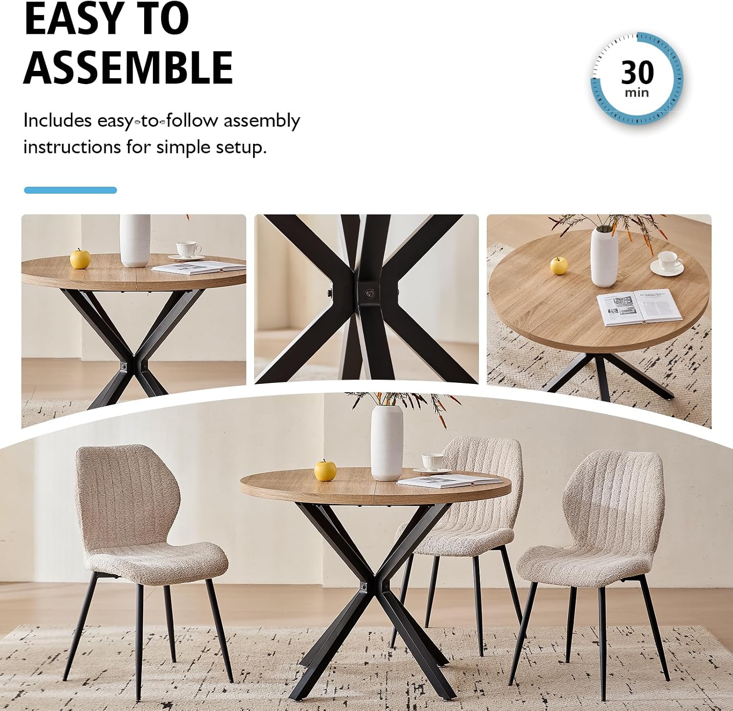 39" Round Dining Table Set for 4, Mid Century Kitchen Table with 4 Boucle Upholstered Dining Chairs for Apartment Living Room Space Saving