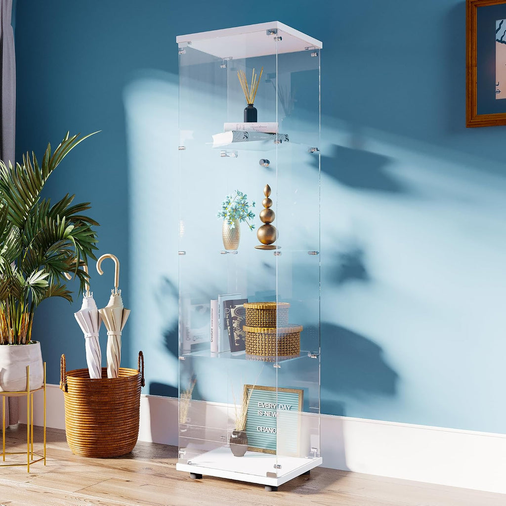 FANYUSHOW Tempered Glass Display Cabinet 4-Shelf Curio Cabinet with Security Lock 5mm Display Shelf Showcase for Living Room/Bedroom/Office- White 64.7" H x 16.7" L x 14.37" W