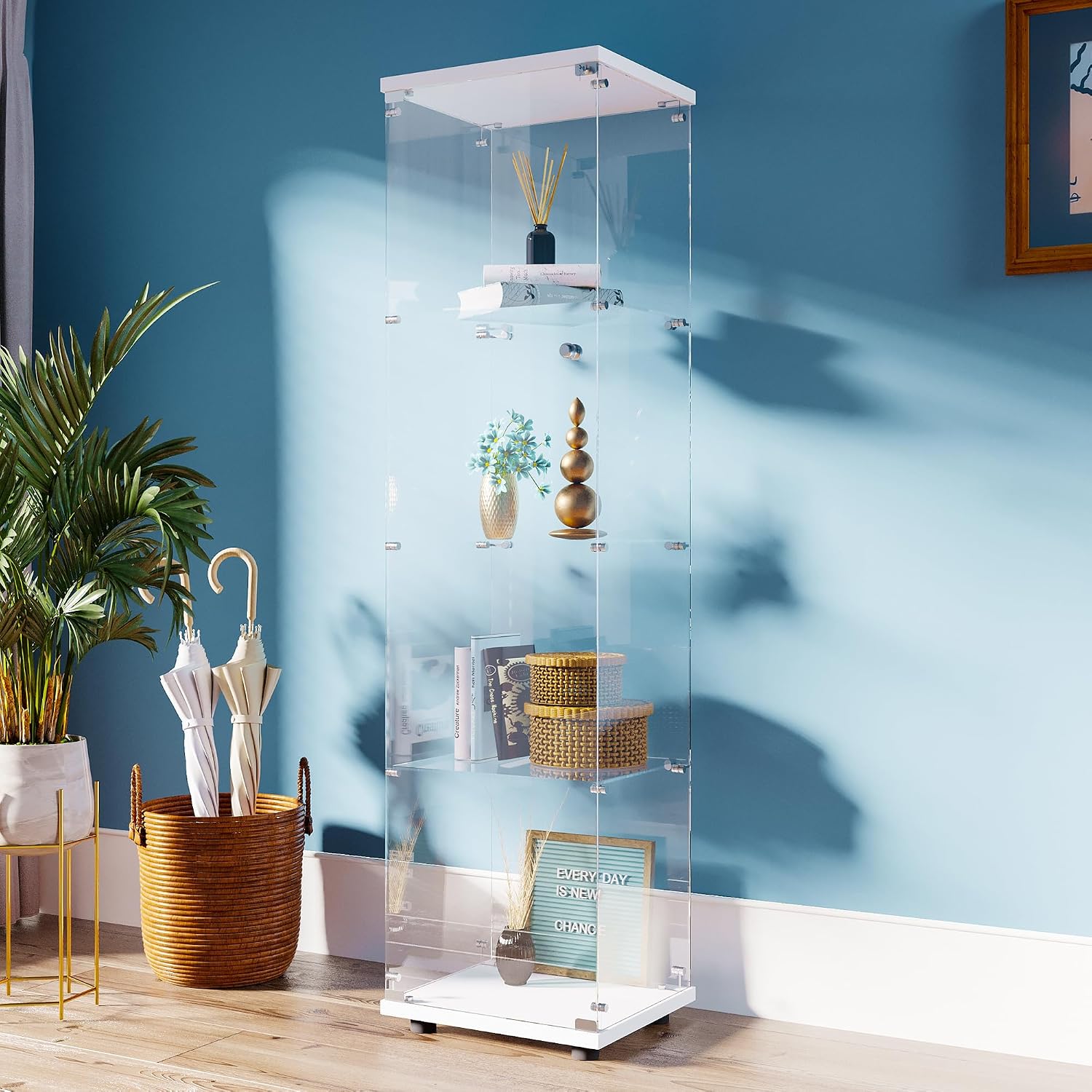 FANYUSHOW Tempered Glass Display Cabinet 4-Shelf Curio Cabinet with Security Lock 5mm Display Shelf Showcase for Living Room/Bedroom/Office- White 64.7" H x 16.7" L x 14.37" W
