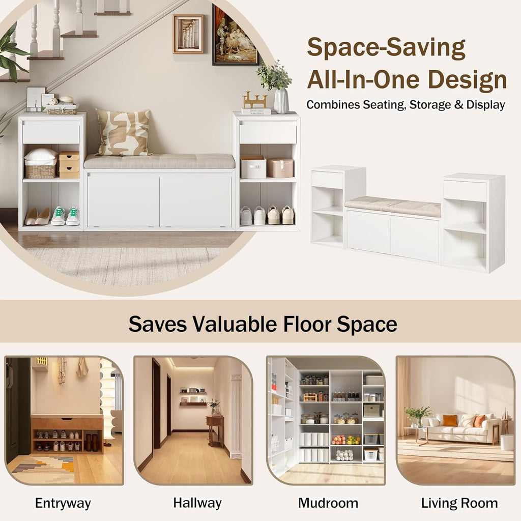 Entryway Bench with Shoe Storage, Solid Wood Shoe Bench with Cushion and Drawers, Open Shelves, Storage Bench for Entry Way, Living Room, Hallway, White