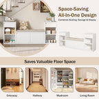 Entryway Bench with Shoe Storage, Solid Wood Shoe Bench with Cushion and Drawers, Open Shelves, Storage Bench for Entry Way, Living Room, Hallway, White