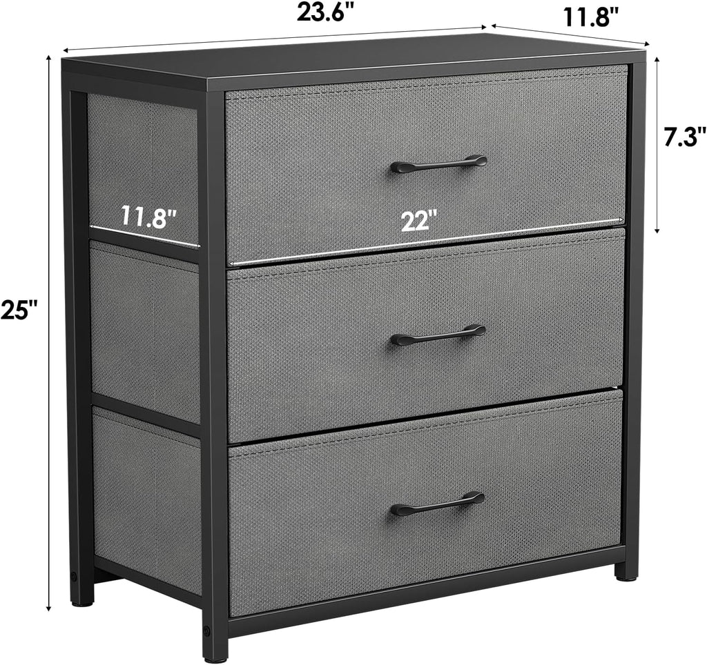 Memobarco Nightstand with 3 Fabric Drawers, Storage Dresser, Gray | Storage Drawers, side Table, End Table, Fabric Drawers, Wood Top, Metal Frame, Bedroom, Closet, Living Room