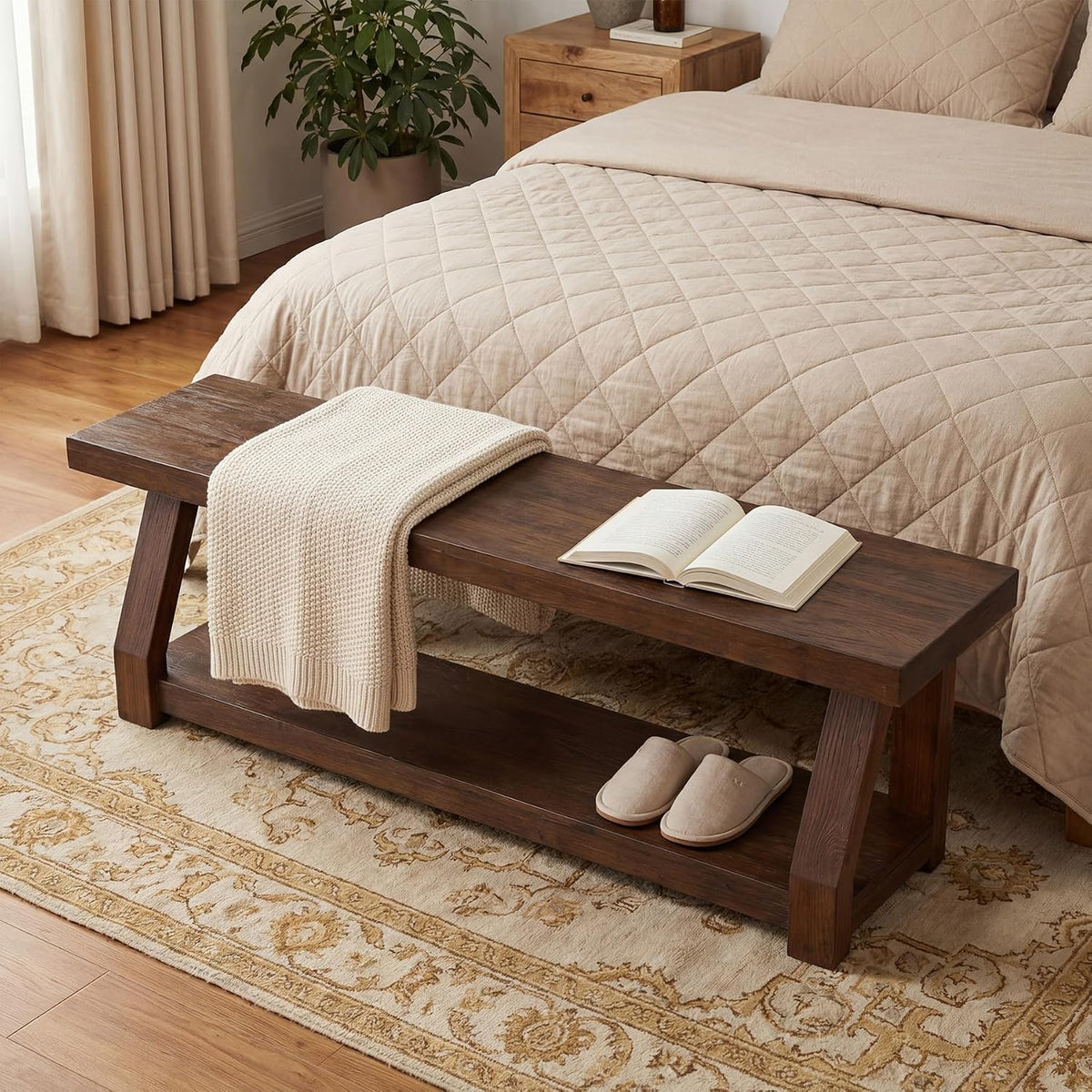 63" Solid Wood Bench, 2-Tier Entryway Bench with Shoe Storage, Rustic Hallway Accent Benches for Entryway, Living Room, Mudroom, Easy Assembly, Rustic Dark Brown