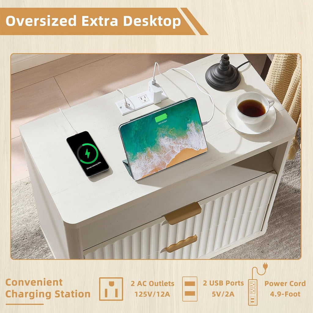 LEYAOYAO 31" Wide Fluted Nightstand Set of 2 with Charging Station, Oversized Extra Large 2 Drawers Night Stand, Antique White Bedside Table,Tall End Tables,Modern Chest of Drawer Dressers for Bedroom