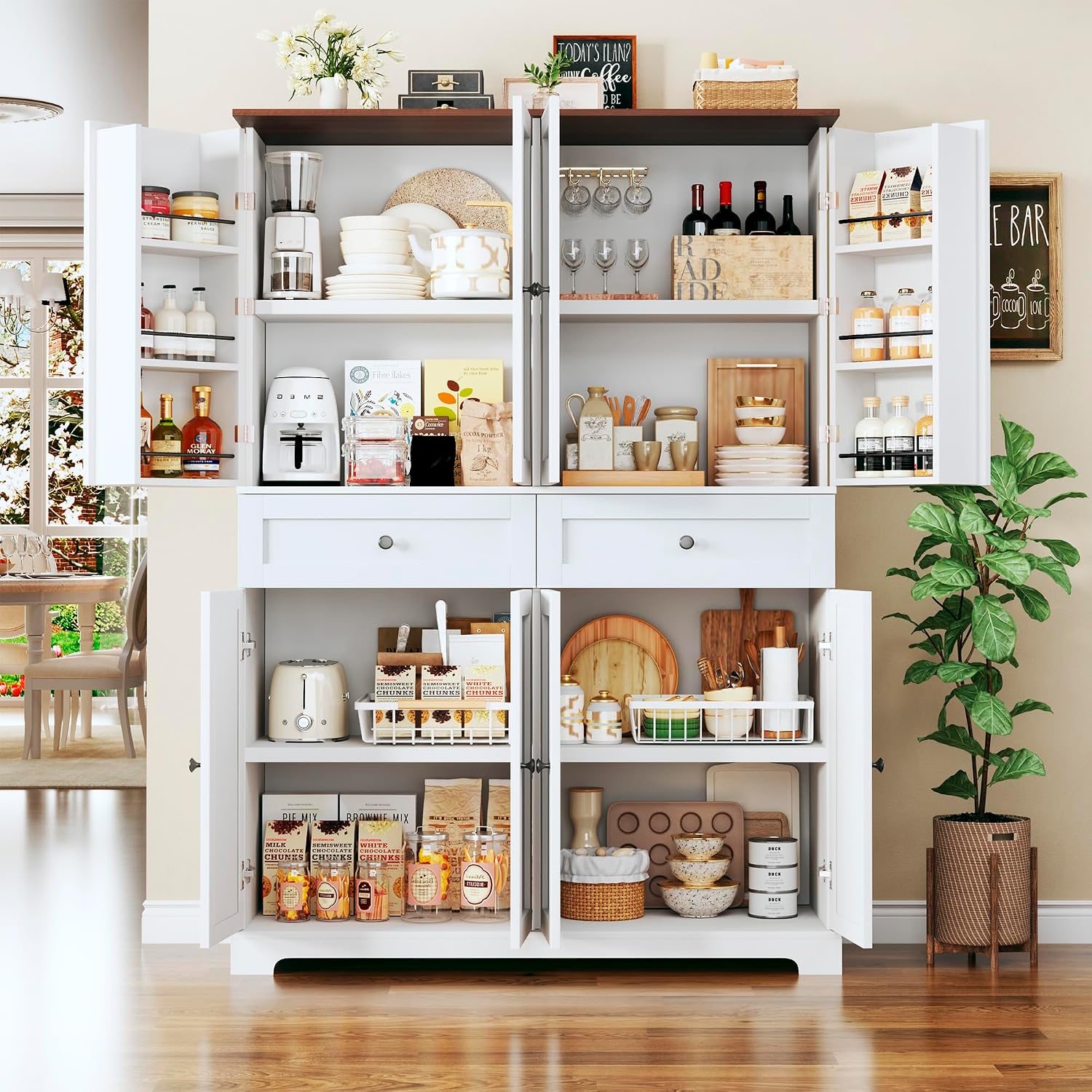 HUAHUU 71" Kitchen Pantry Cabinet with 6 Door Shelves, Tall Pantry Storage Cabinet with 8 Doors & 4 Adjustable Shelves, Modern Kitchen Pantry with 2 Large Drawers for Dining Room, Living Room, White