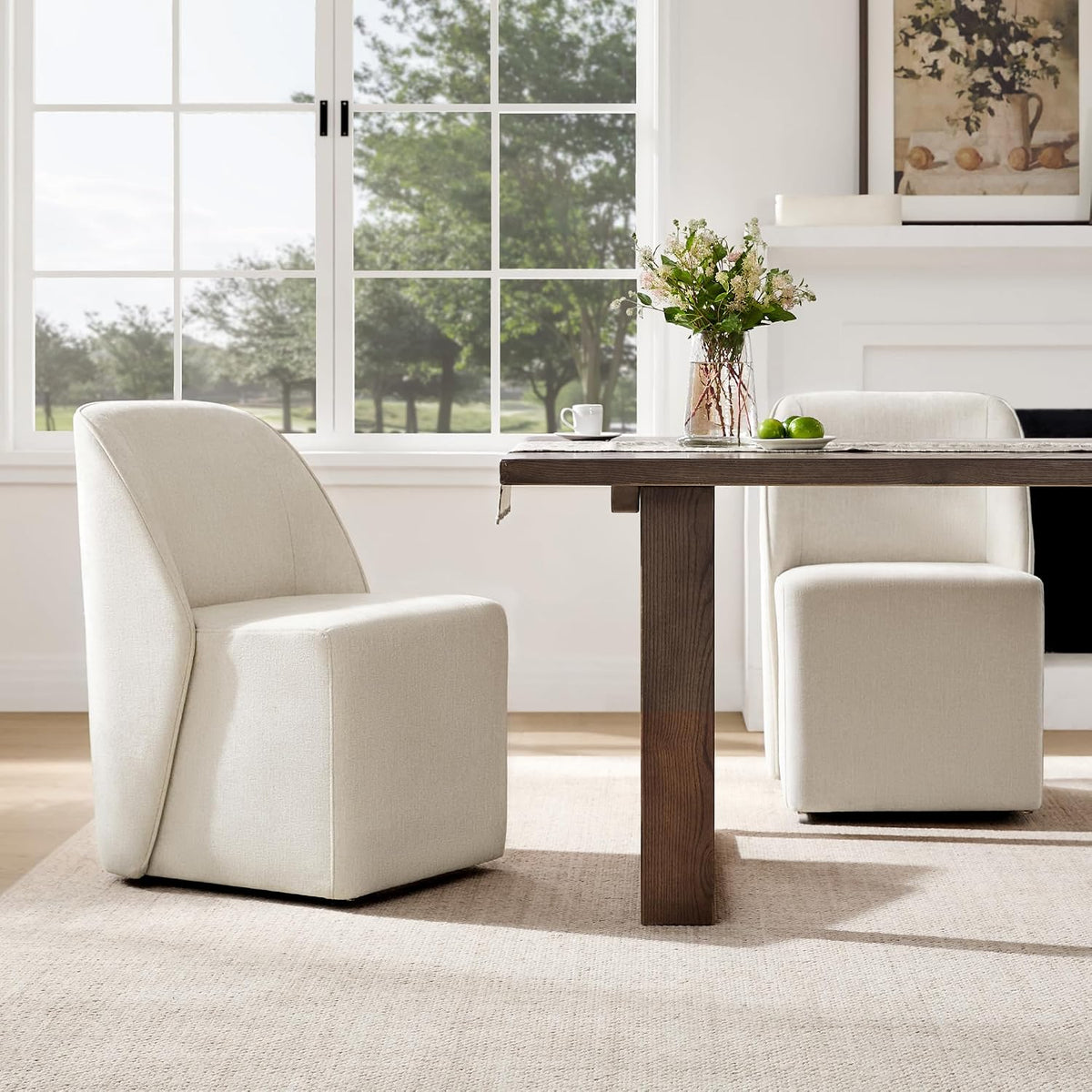 Watson & Whitely Upholstered Dining Chairs with Casters Set of 2, Armless Modern Rolling Dining Chairs with Removable Rollers, Fabric Dining Room Chairs for Bedroom, Living Room, Reading, Linen