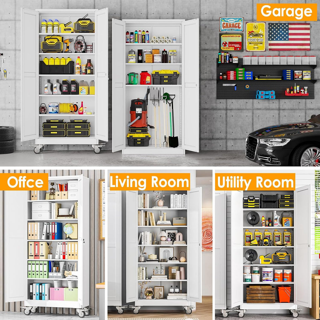 PAOFIN 75''H Metal Garage Storage Cabinet with Wheels,Steel File Cabinets with 2 Doors and 5 Adjustable Shelves for Home Office, Warehouse, Required Assembly,White