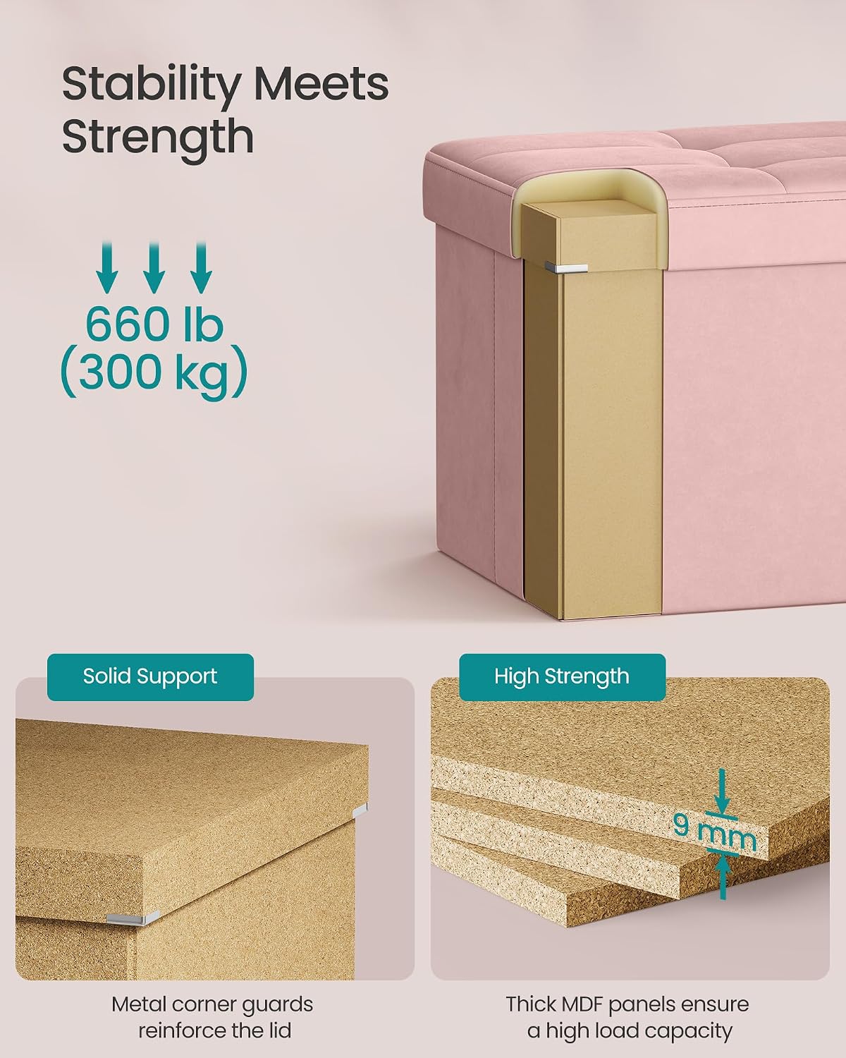 SONGMICS Foldable Storage Ottoman with Flipping Lid, 43.3 Inch Velvet Bench | Coffee Table, Folding Storage Bench for Bedroom, Entryway Shoe Bench, Jelly Pink, MINOTA Collection ULSF078SA01