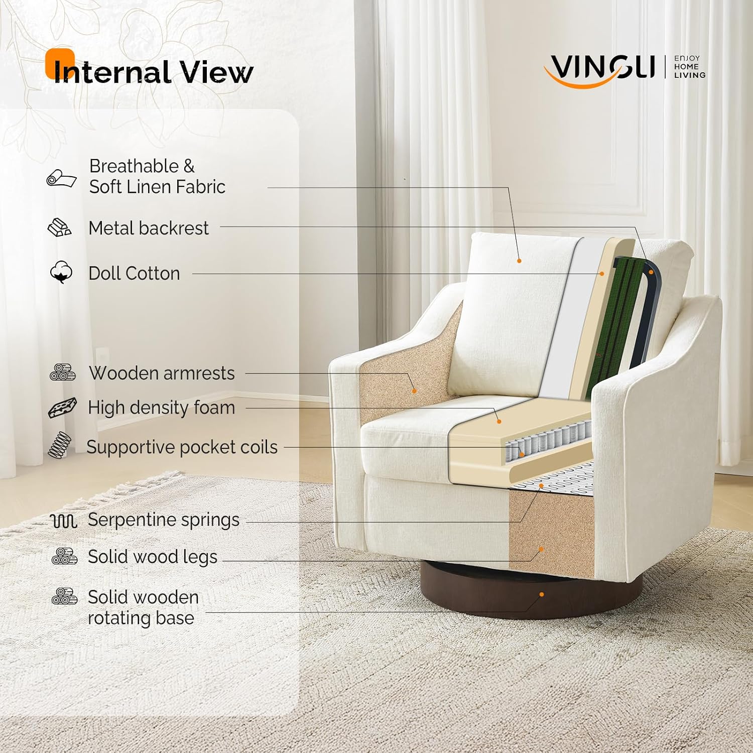 VINGLI Mid-Century Modern Swivel Accent Chair, 360°Upholstered Armchair, Home Sofa with Track Arms for Living Room, Bedroom, Reading Room, Club Swivel Chair,Chenille Beige