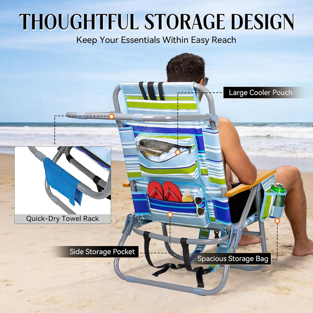Backpack Beach Chair Wide Seat High Back Folding Camping Chair for Adults 5-Position Recline Supports 400 lbs Portable Chair with Cup Holder Cooler Bag Storage Pouch for Outdoor Lawn Picnic
