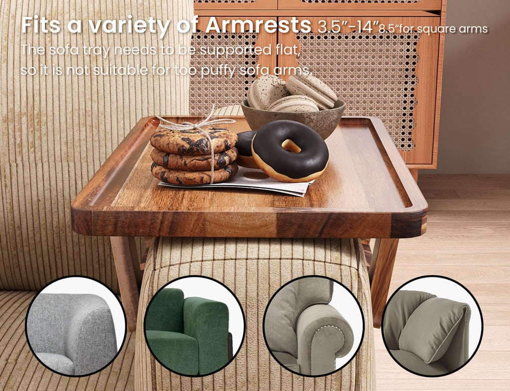 2 Pack Acacia Wood Couch Arm Tray,Couch Tray,Folding Sofa Armrest Trays,Couch Arm Table Clip-On Couch Desk for Drinks,Snacks,Phone,Remote Control