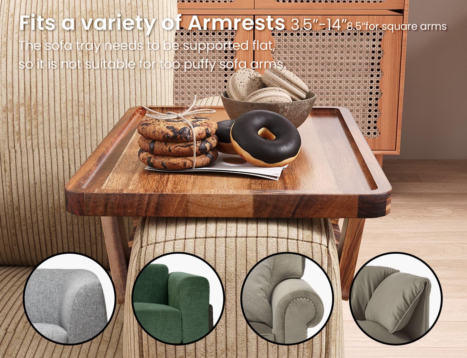 2 Pack Acacia Wood Couch Arm Tray,Couch Tray,Folding Sofa Armrest Trays,Couch Arm Table Clip-On Couch Desk for Drinks,Snacks,Phone,Remote Control