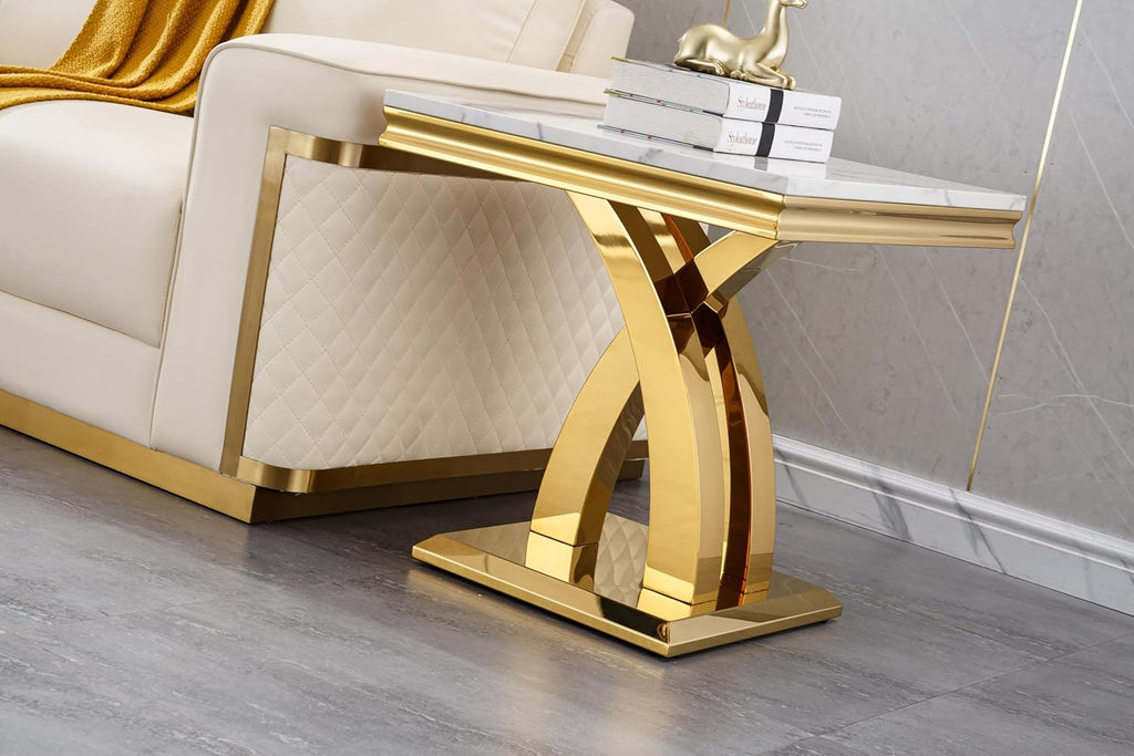 SSLine Modern White Faux Marble End Table Luxury Square Sofa Side Table with Gold Pedestal Base Mid-Century Elegant Bedside Table w/Mirrored Stainless Steel Frame for Living Room Bedroom