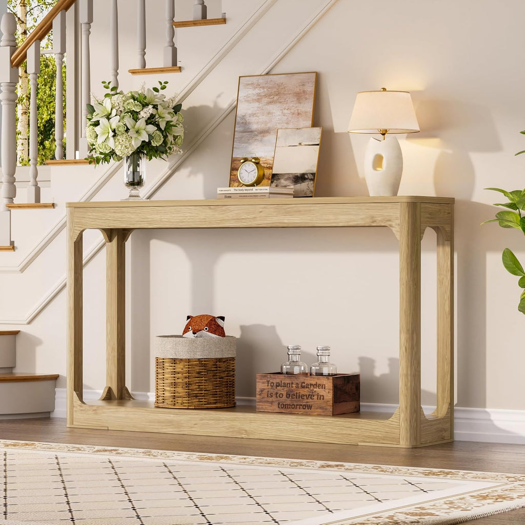 Knocbel Long Sofa Console Table with Bottom Open Storage Shelf, Narrow Wooden Entryway Hallway Foyer Sofa Couch Side Table, Easy Assembly (Natural 55")