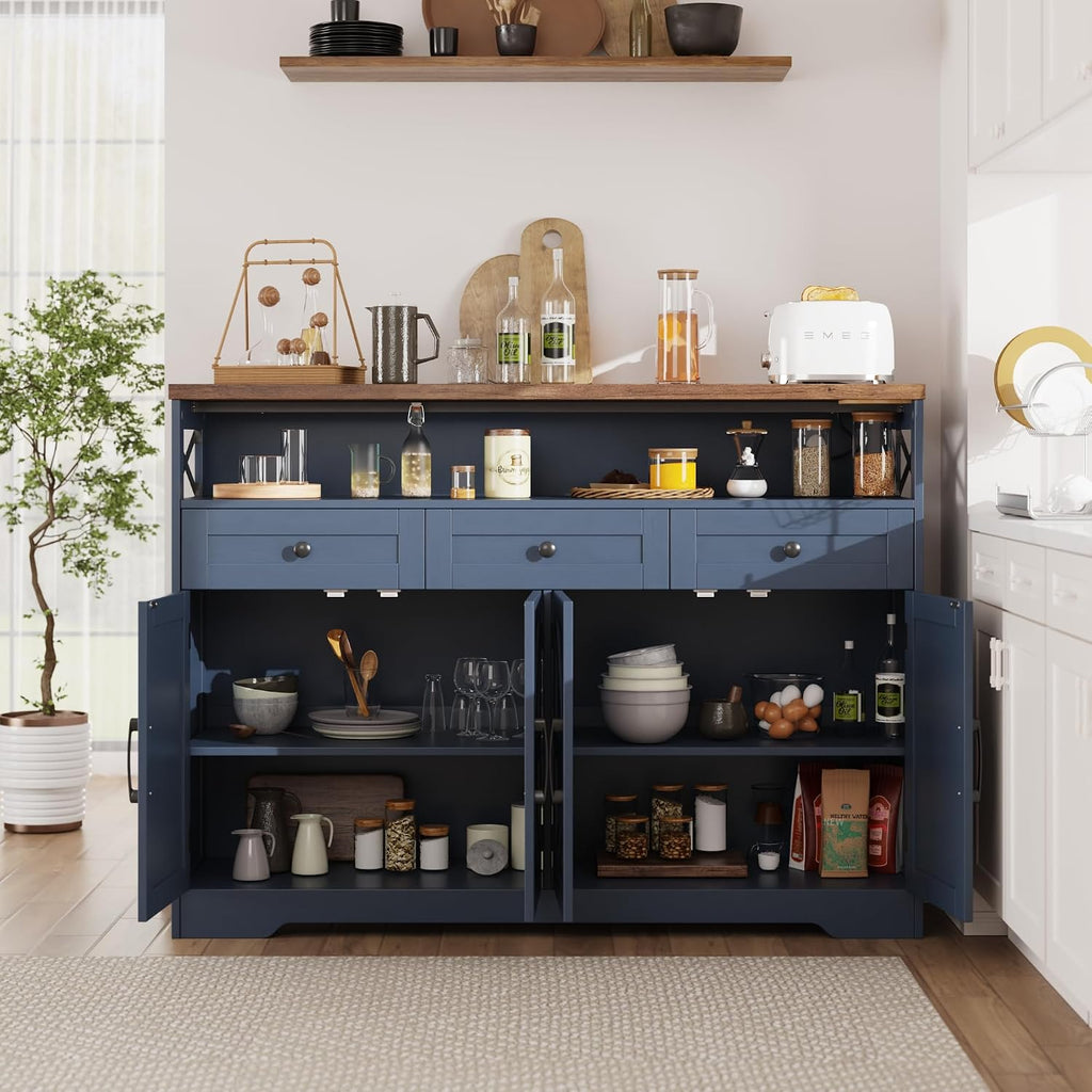 Befrases Farmhouse Buffet Cabinet with Drawers & Open Shelf, Sideboard with Storage, Kitchen Pantry Cabinet Hutch, Coffee Bar Station for Kitchen, Livingroom, 52" L Blue