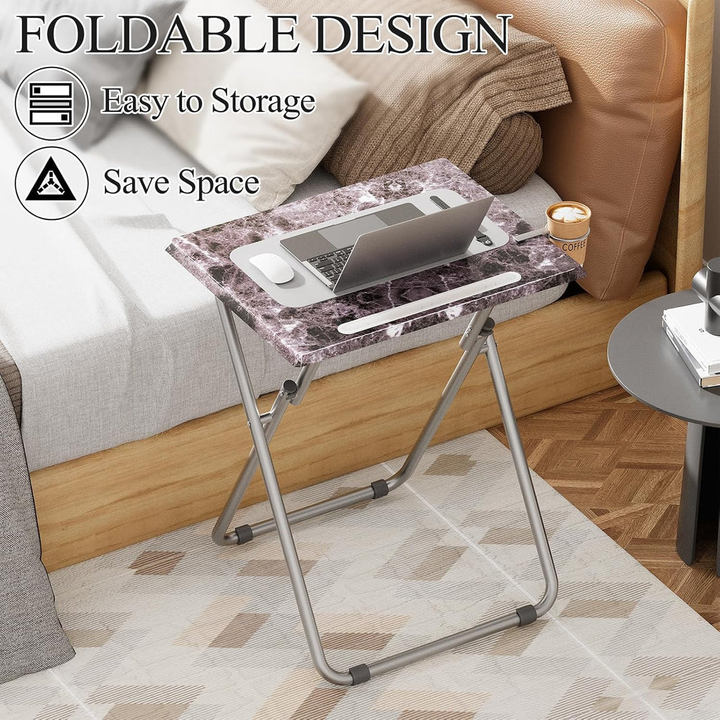 Folding TV Tray Table with Cup Holder, TV Dinner Table with Sturdy MDF Top, Eating Trays with Tablet Slot for Living Room, Bedroom, Sofa, 15 x 18.9 x 25.6 in (Black Marble, 2Pcs)